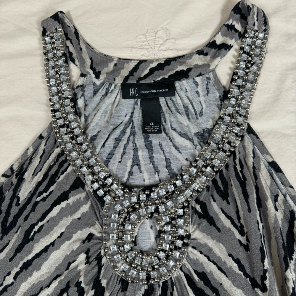 INC International Concepts Tank Top Size XL Rayon Beaded Animal Print Zebra Gray